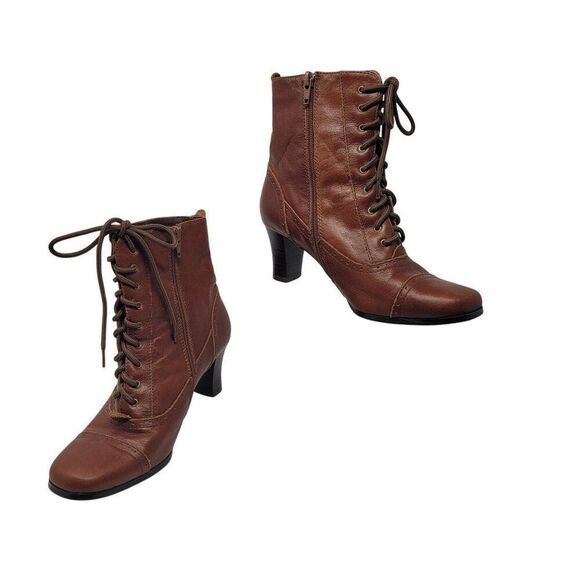 Vtg 80s Womens Brown Leather Granny Boots Sz 6.5 Heeled Lace Up Country Farmcore - Picture 1 of 12